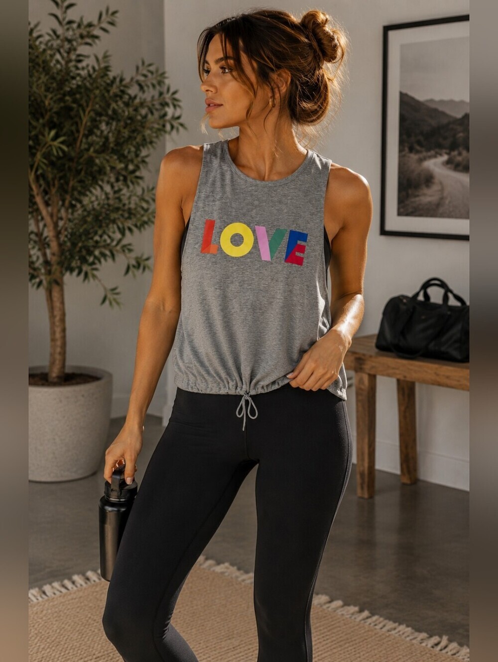 Y2K Love Graphic Tank Top Womens XL Strappy Back Cropped Cinch Hem Athleisure